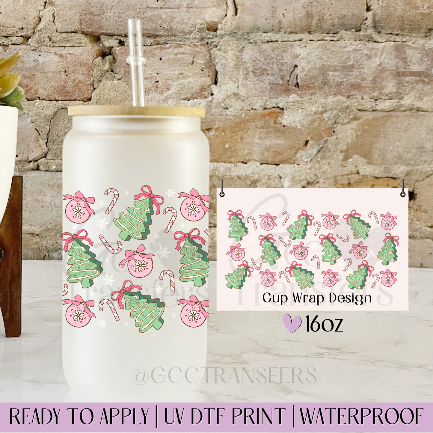 Green Xmas Trees Ornaments - 16oz UV DTF WRAP
