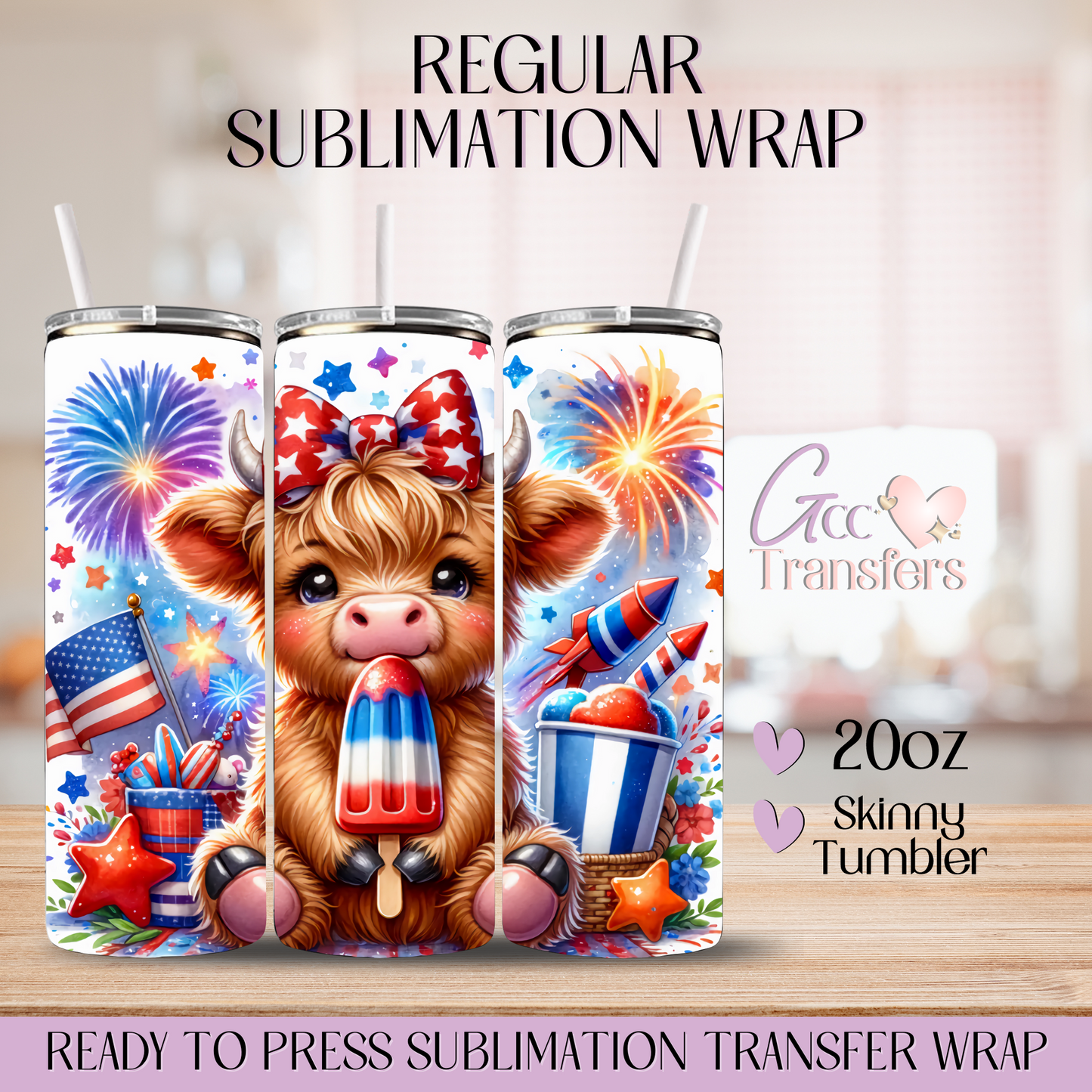 Highland Cute Cow 4th of July - 20oz Regular Sublimation Wrap