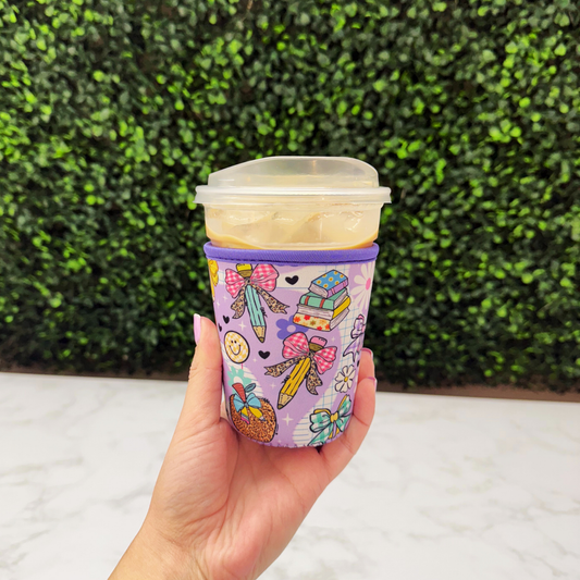 Purple Teacher School Bus Bow - Cup Sleeve