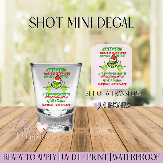 Attention I am out of Office Grinch Finger - Set of 6 (Shot UV Decals)