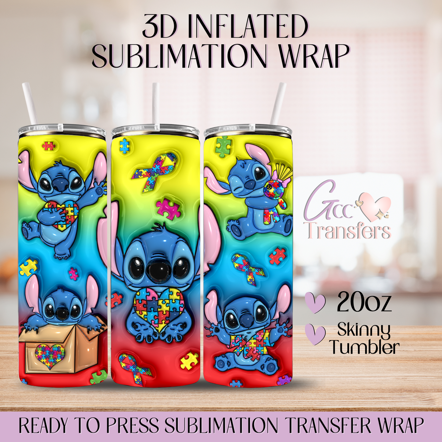 Autism Awareness Cute Cartoon - 20oz 3D Inflated Sublimation Wrap