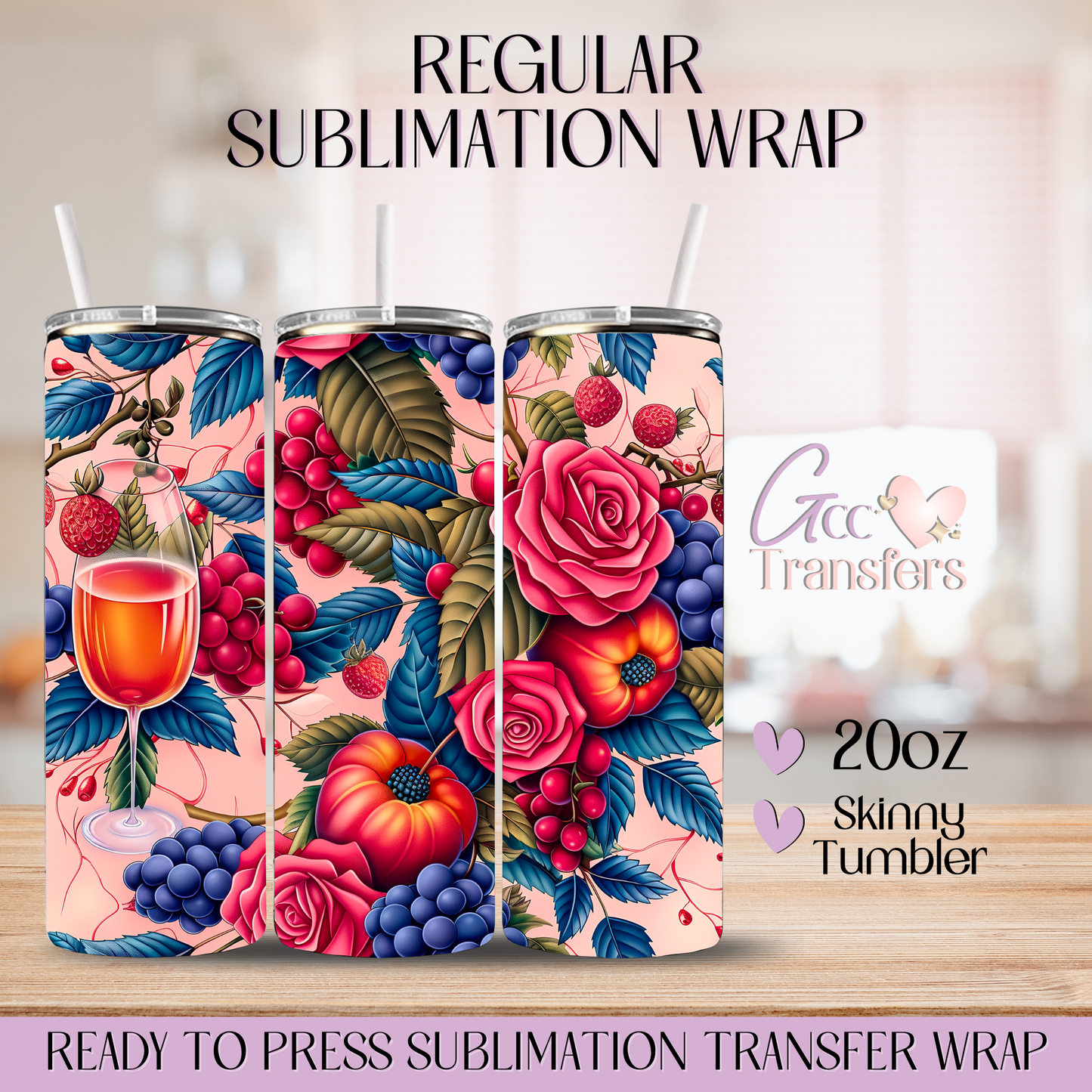 Berry Rose Summer Drink - 20oz Regular Sublimation Wrap