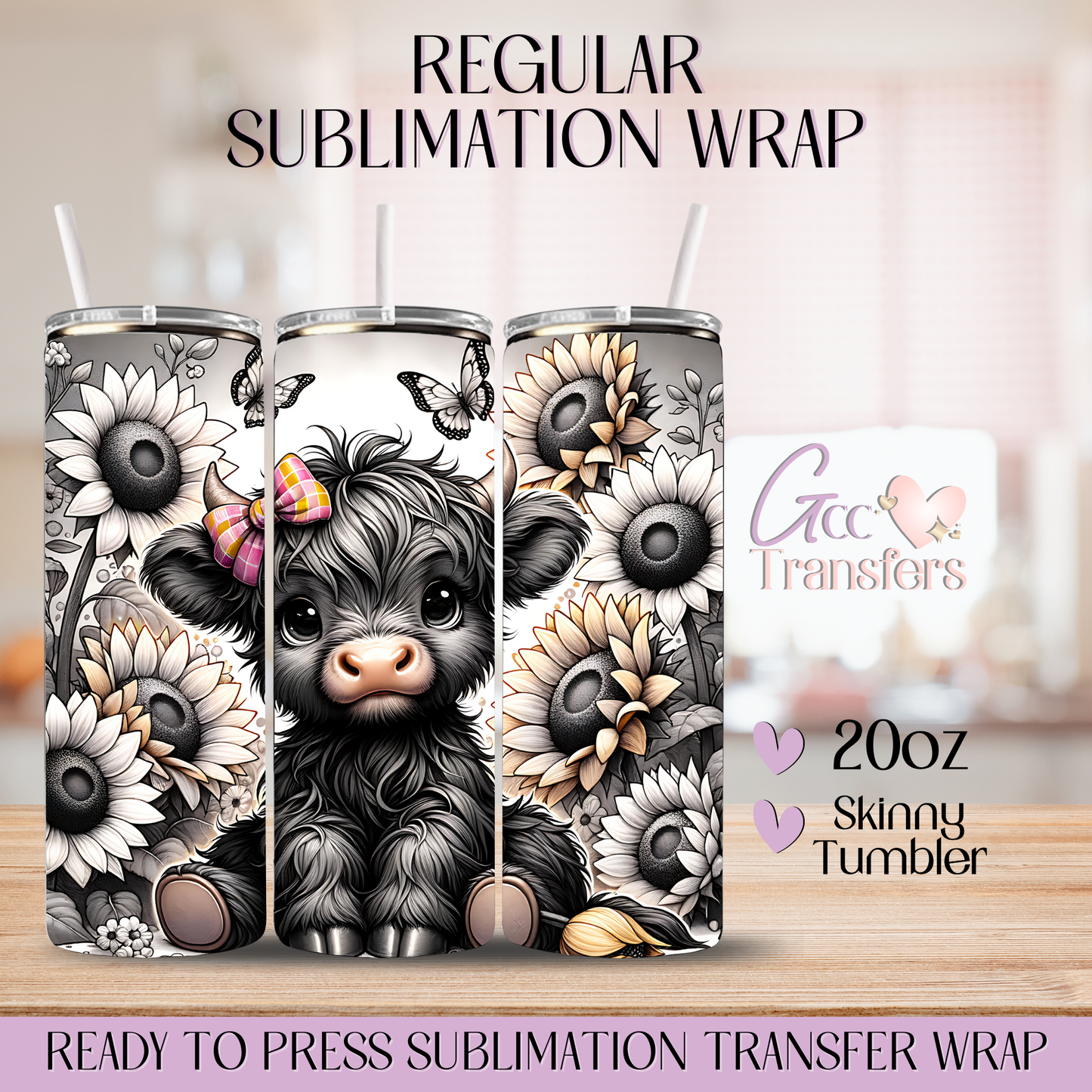 Black & White Highland Cow Sunflowers - 20oz Regular Sublimation Wrap