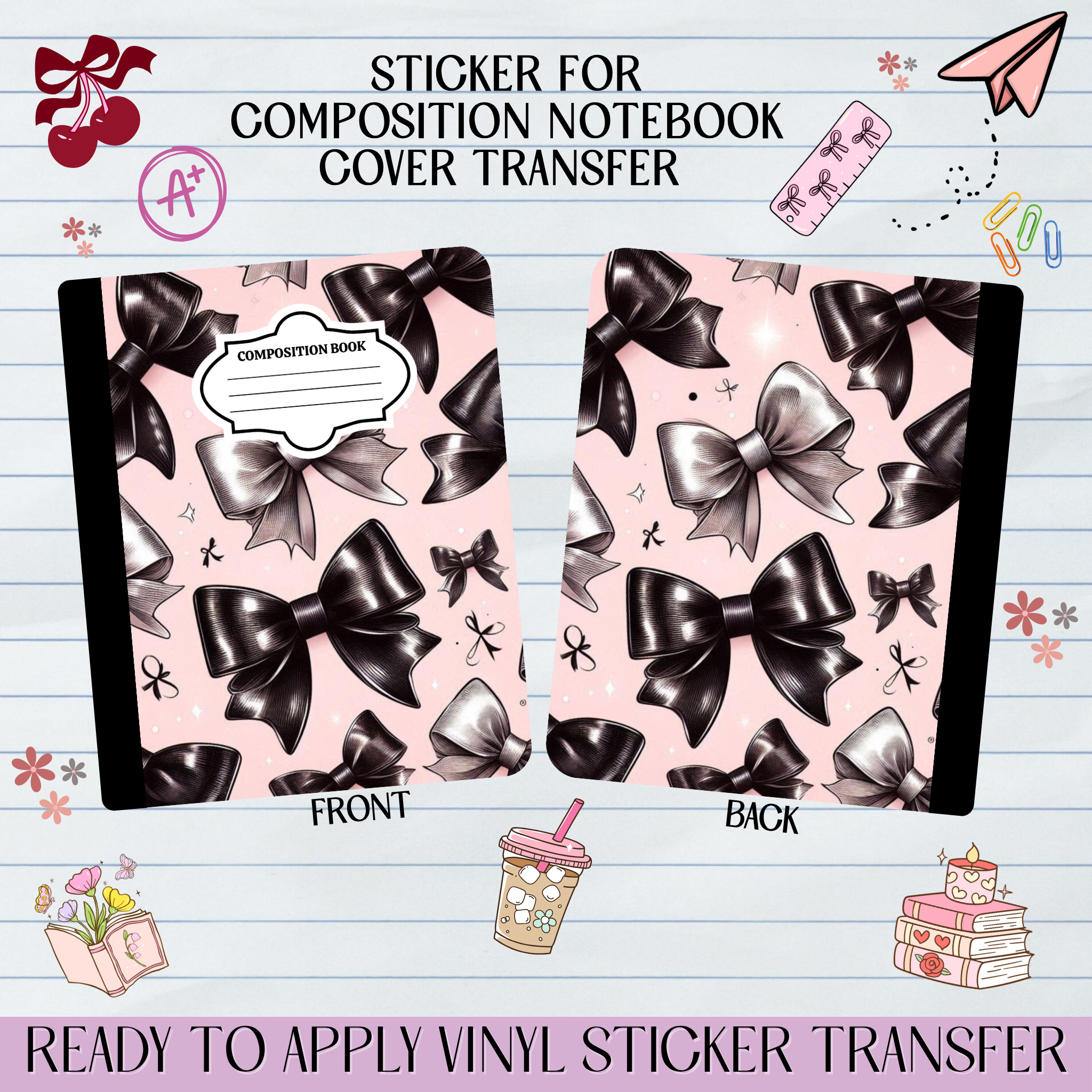 Black Pink Bows Coquette - Sticker for Notebook Cover – GCC Transfers