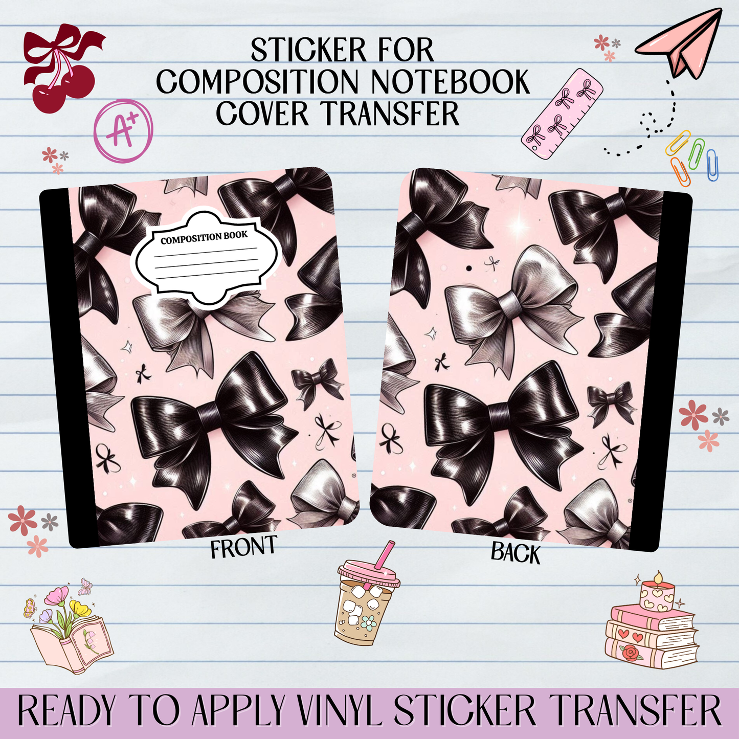 Black Pink Bows Coquette - Sticker for Notebook Cover