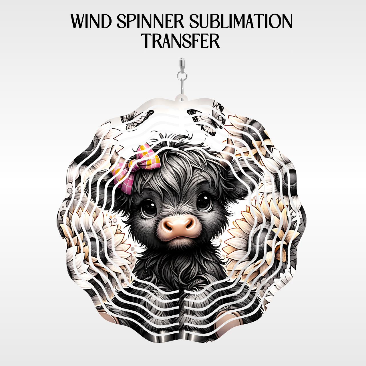 Black & White Highland Cow Sunflowers - 10" Wind Spinner Set of 2 Sub. Transfer