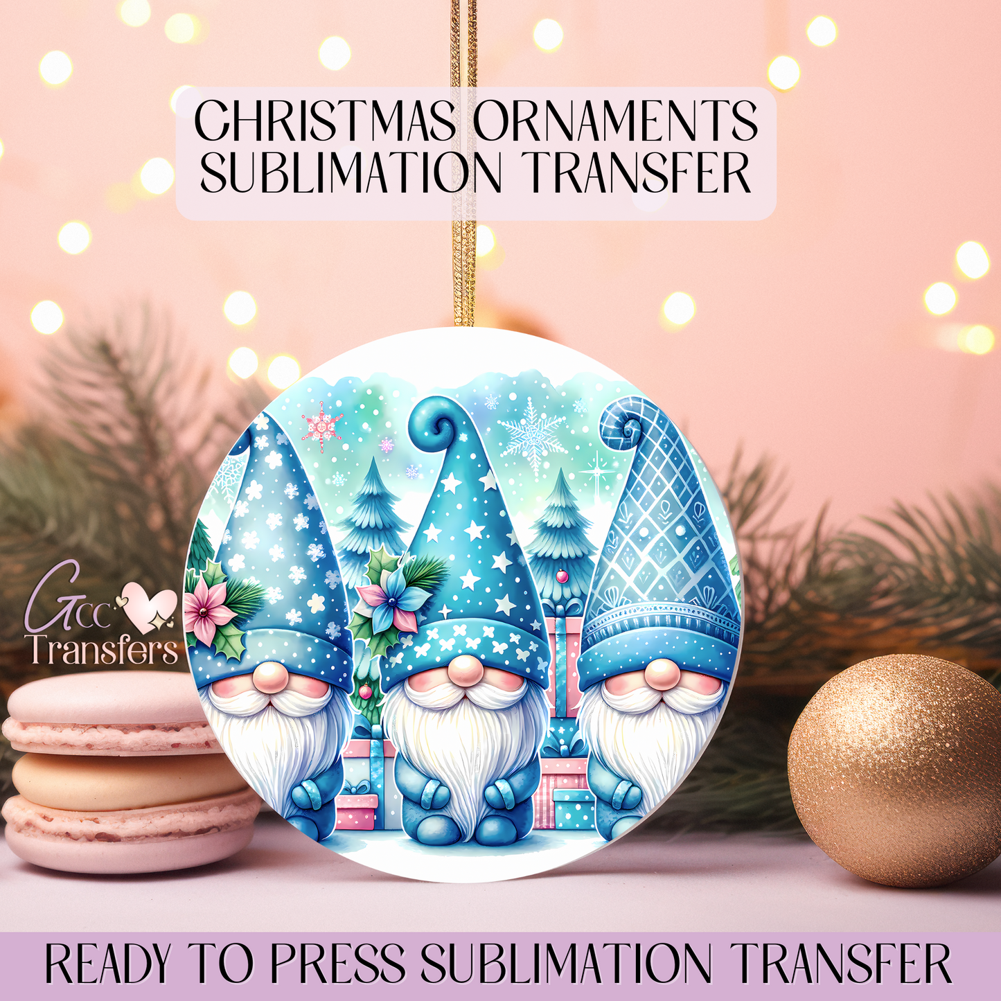 Blue Cute Gnomes Xmas - 3" Ornament Sublimation Transfer