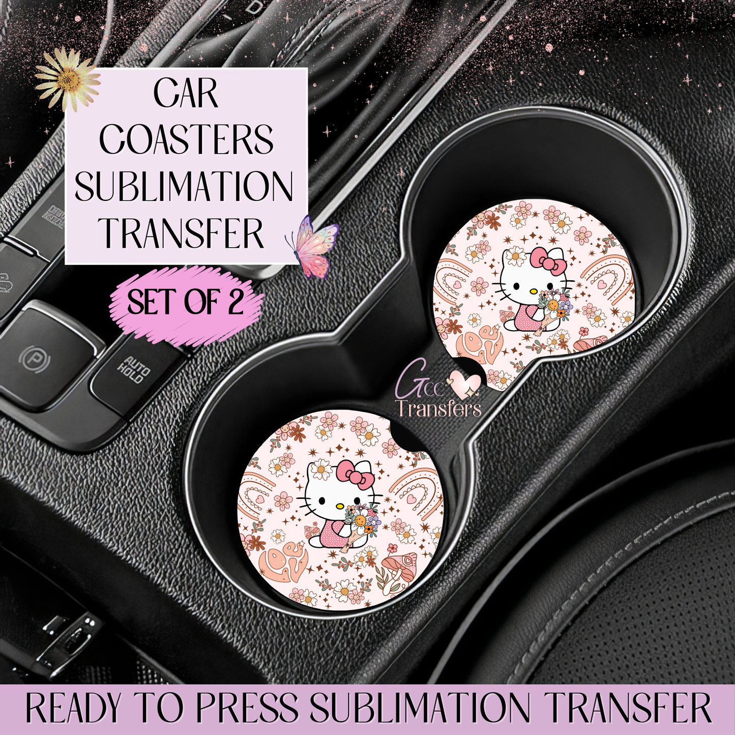 Boho Rainbow Cat - Car Coaster Set of 2 Sublimation Transfers