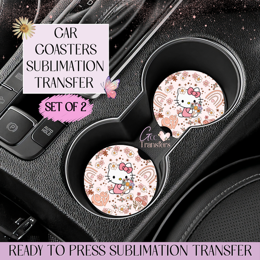 Boho Rainbow Cat - Car Coaster Set of 2 Sublimation Transfers