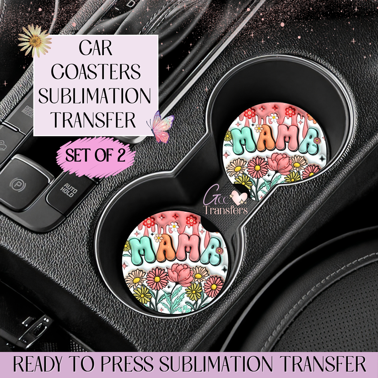 Boho Retro Mama - Car Coaster Set of 2 Sublimation Transfers
