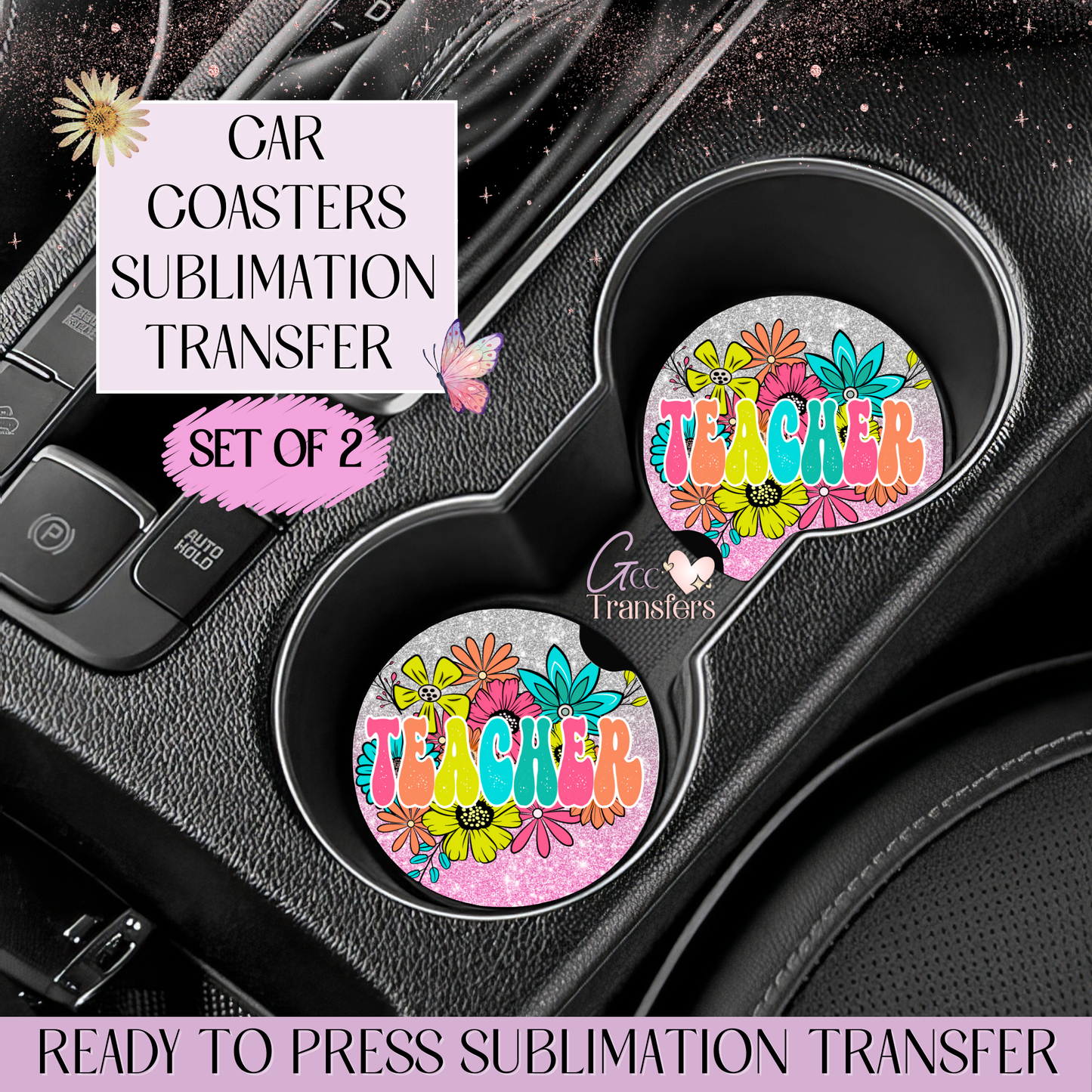 Boho Teacher Floral - Car Coaster Set of 2 Sublimation Transfers