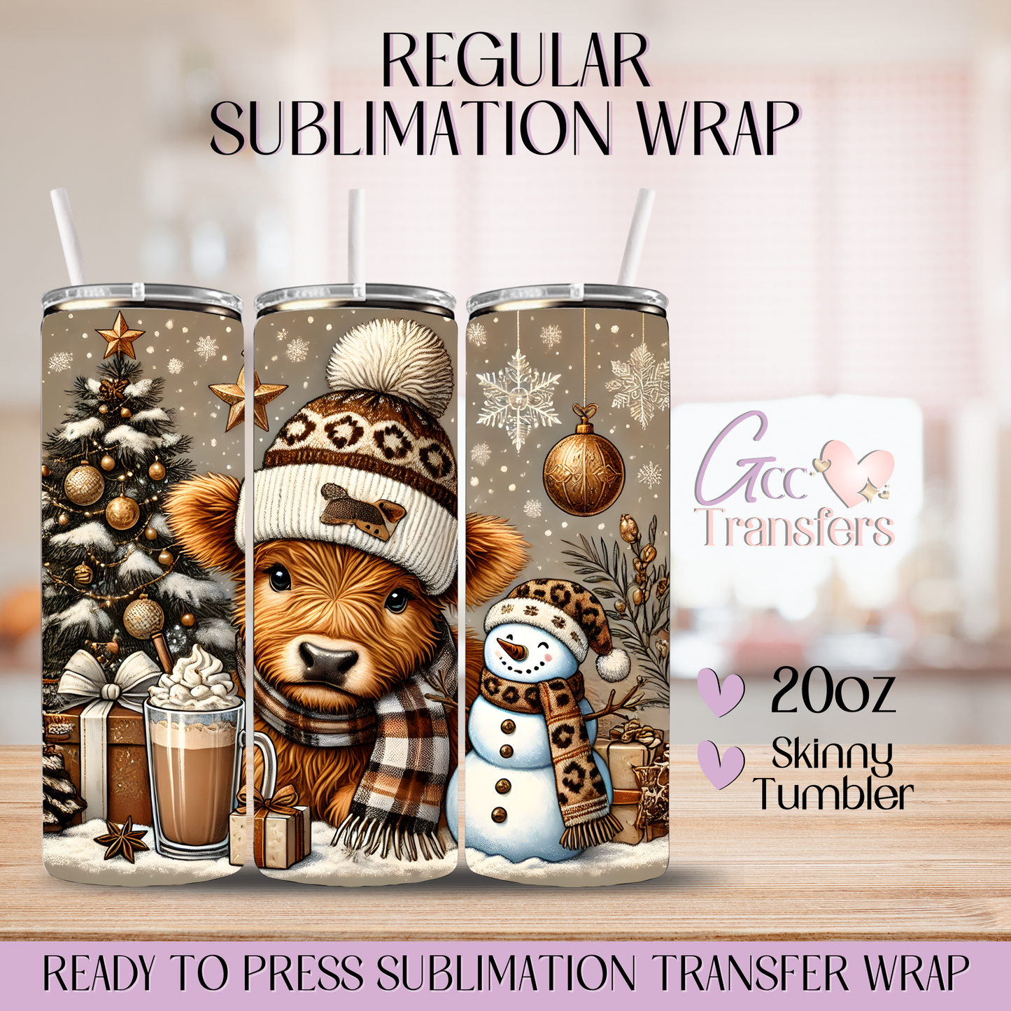 Brown Christmas Highland Cow - 20oz Regular Sublimation Wrap