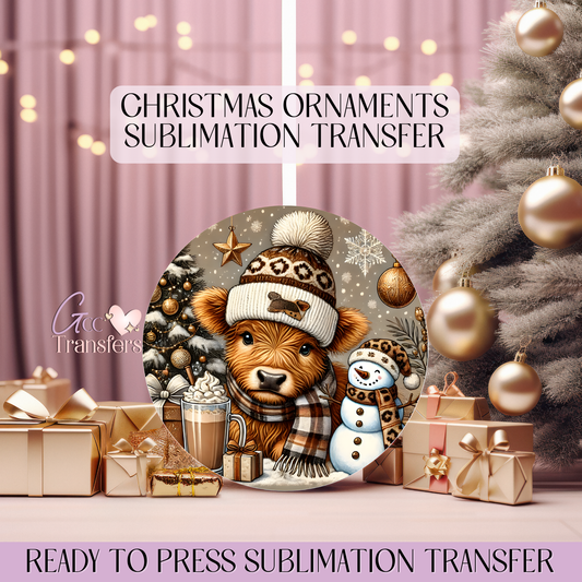 Brown Highland Cow - 3" Ornament Sublimation Transfer
