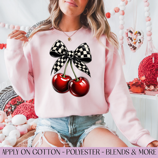 Checkered Bow Cherries - Full Color DTF Transfer