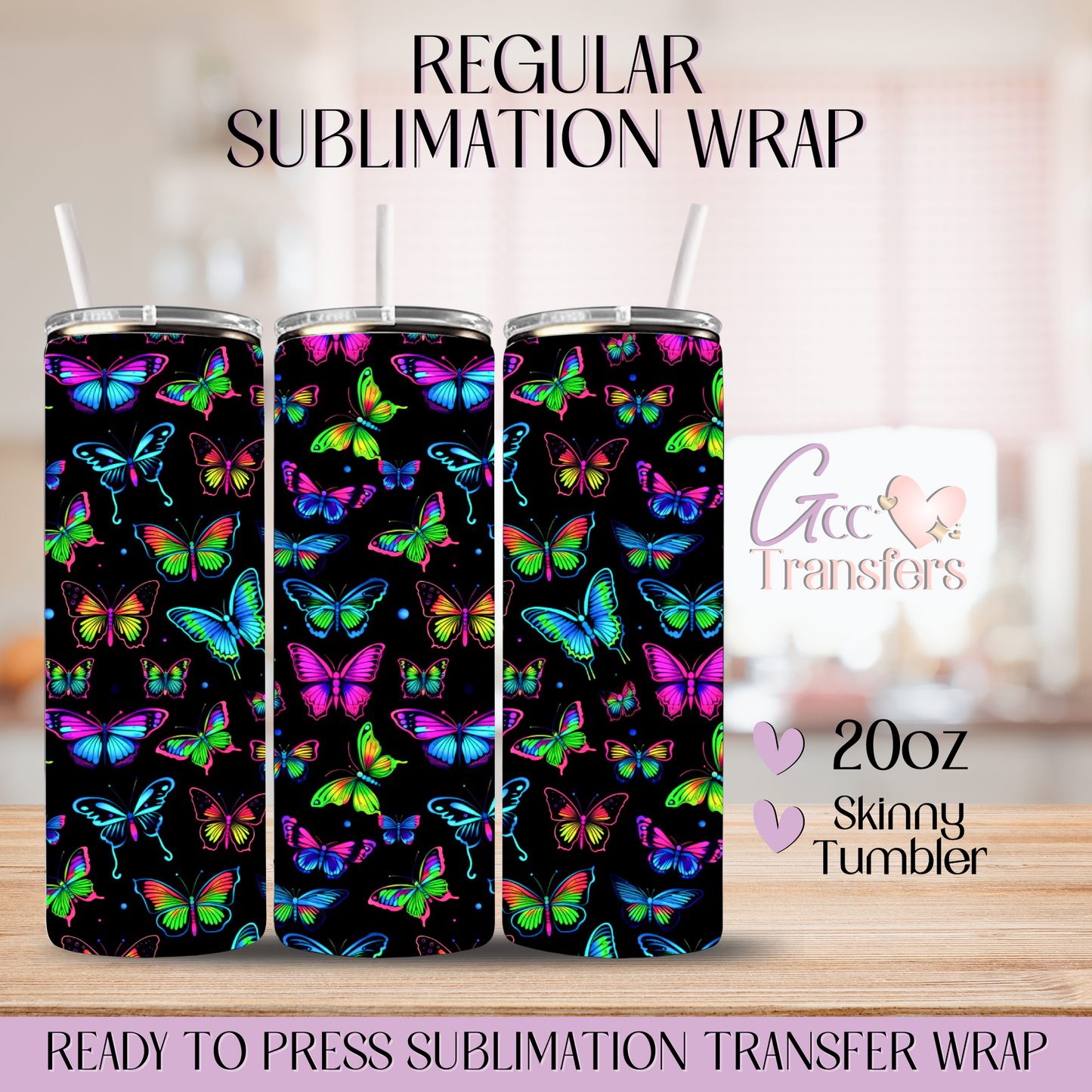 Colorful Neon Butterflies - 20oz Regular Sublimation Wrap