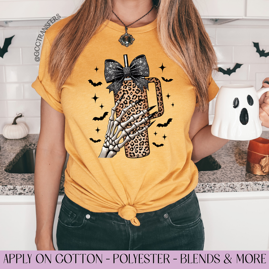 Coquette Bow Skeleton Cup Leopard  - Full Color DTF Transfer