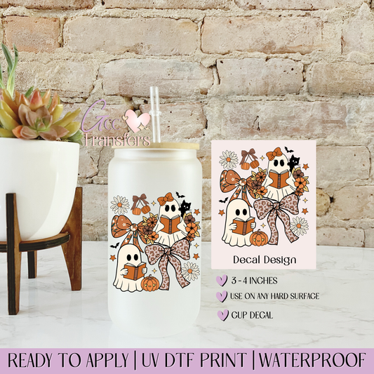 Cute Ghost Reading Halloween - Decal UVDTF