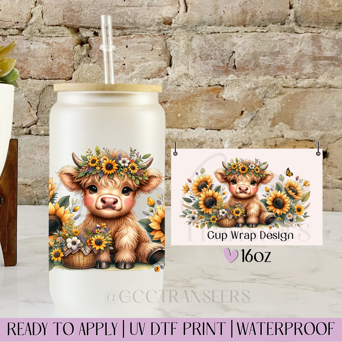 Cute Highland Cow Sunflowers Spring - 16oz UV DTF WRAP
