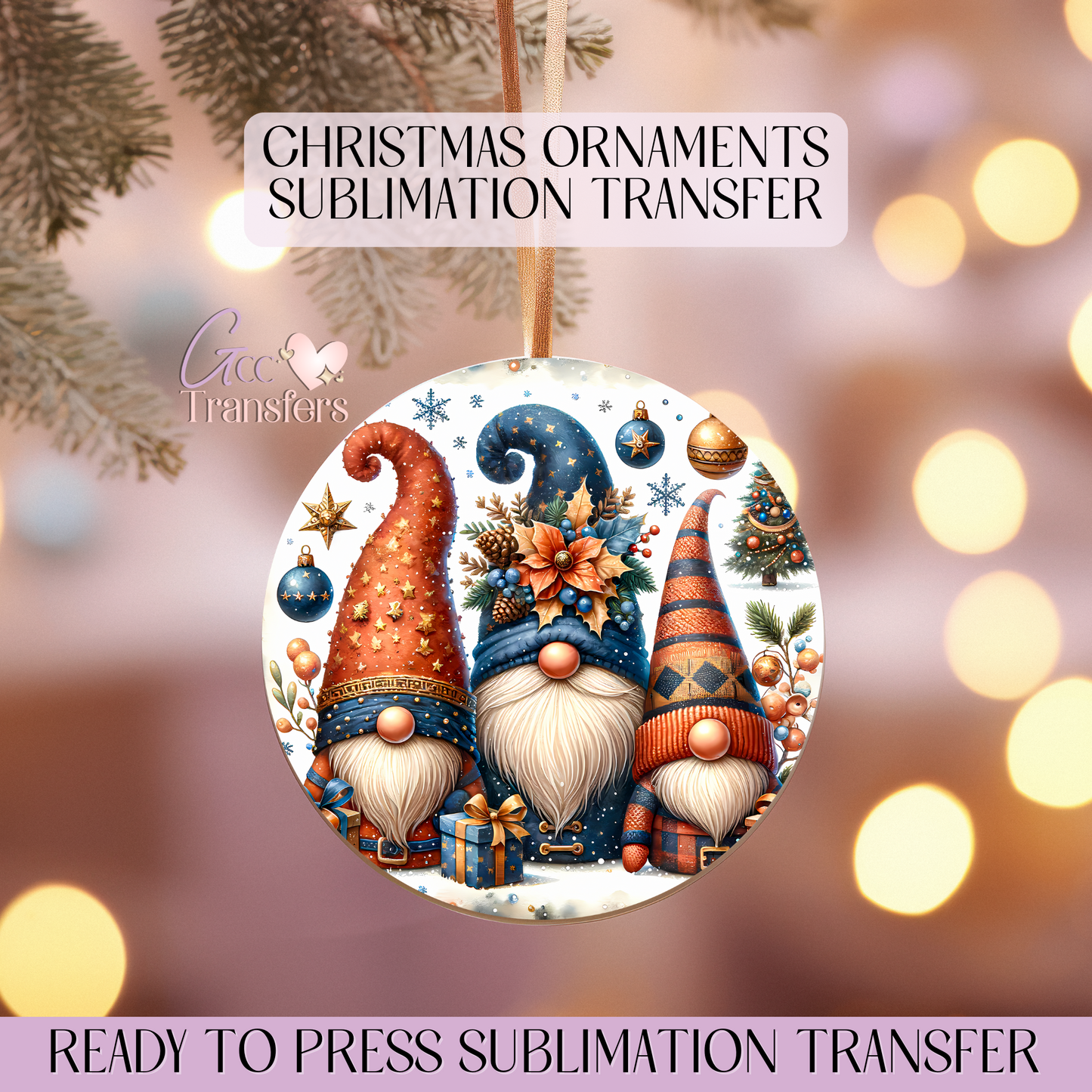 Dark Orange Cute Gnomes Xmas - 3" Ornament Sublimation Transfer