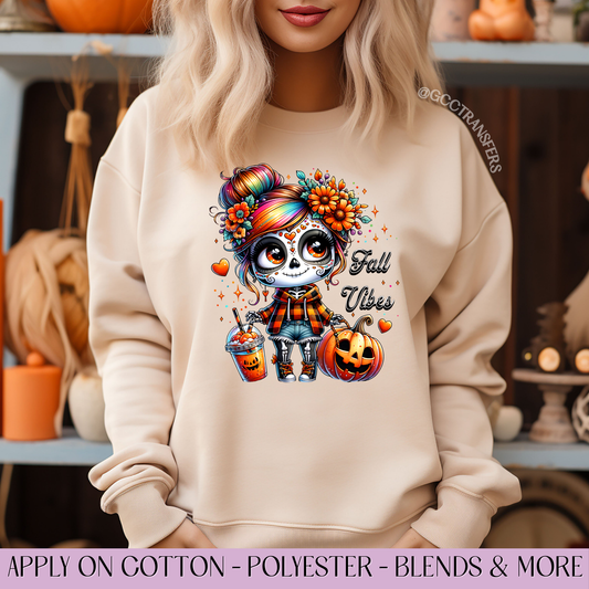 Fall Vibes Colorful Dia de los Muertos - Full Color DTF Transfer