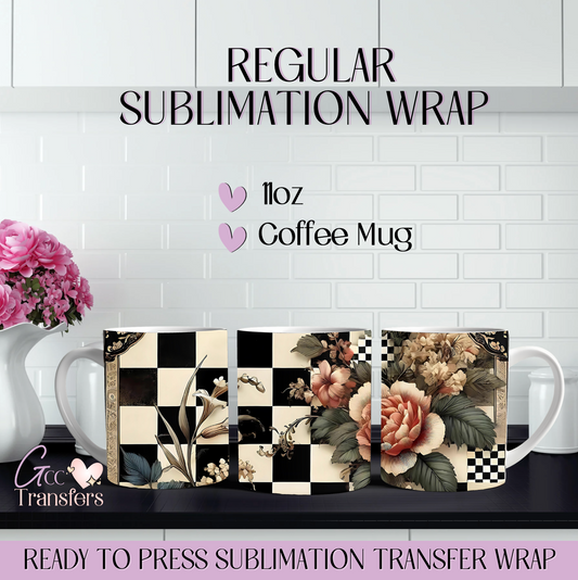 Floral Checkered Design - 11oz Mug Regular Sublimation Wrap