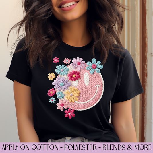 Floral Smiley Face Faux Yarn - Full Color DTF Transfer