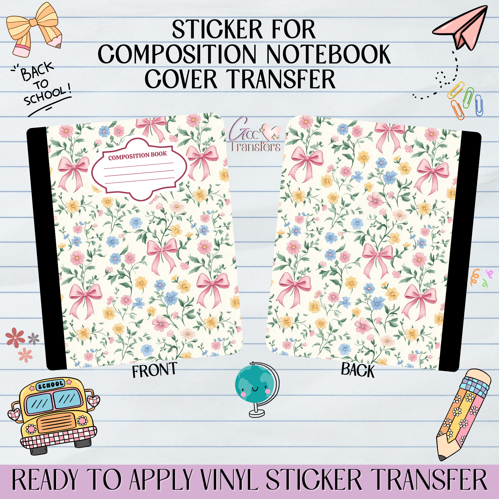 Notebook Spring Sticker Spring Flowers & Pink Bows - Sticker for Notebook Cover – GCC Transfers