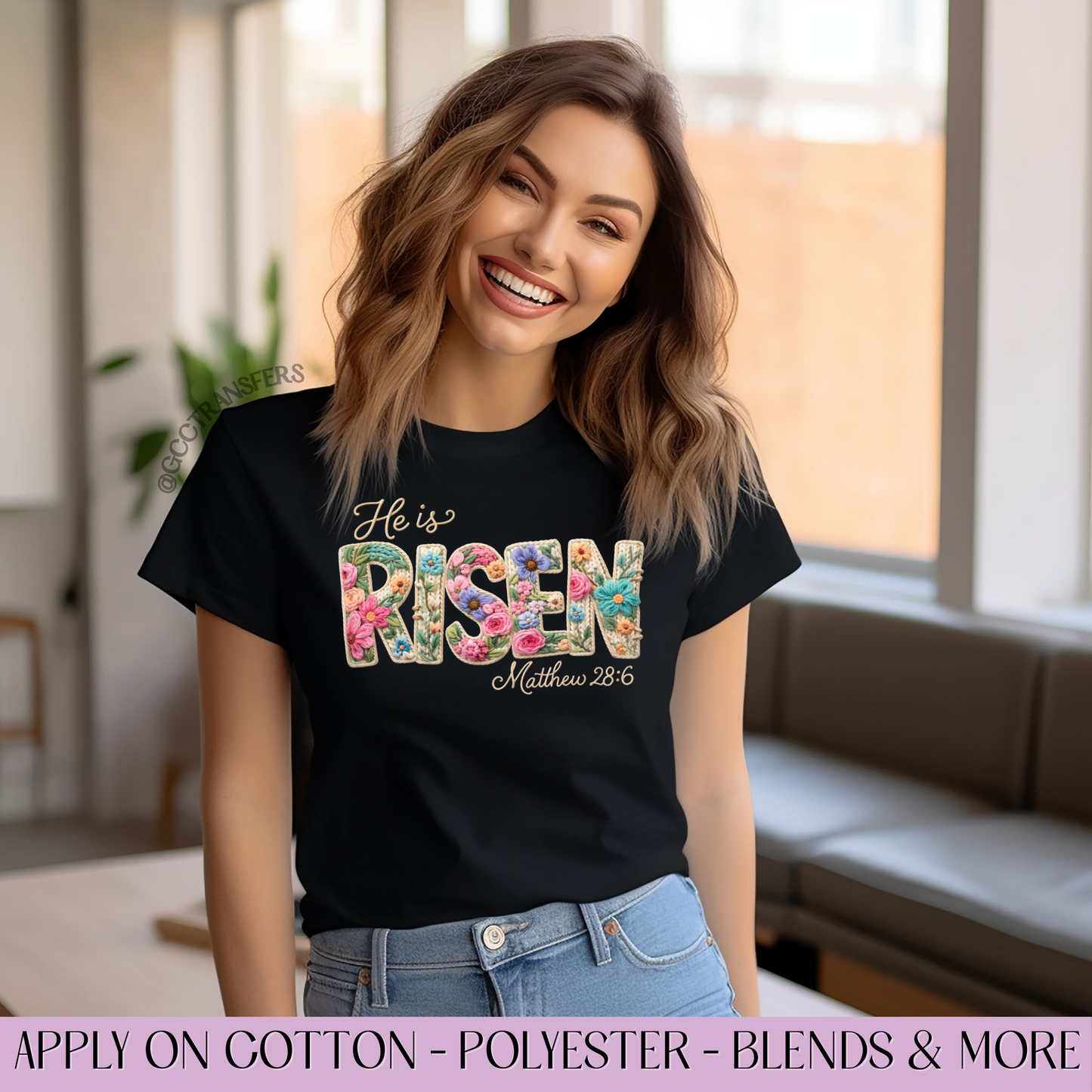 He is Risen Floral Faux Yarn - Full Color DTF Transfer