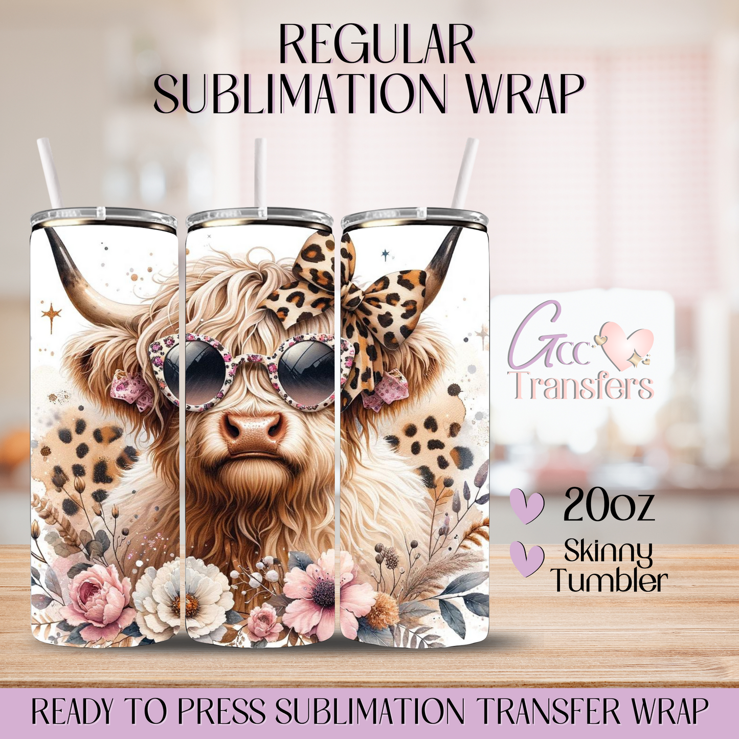 Highland Cow Cheetah Flower - 20oz Regular Sublimation Wrap