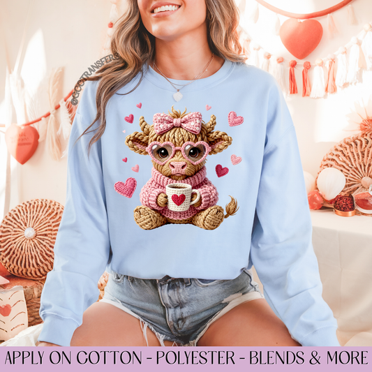 Cute Highland Cow Valentine Crochet Yarn - Full Color DTF Transfer