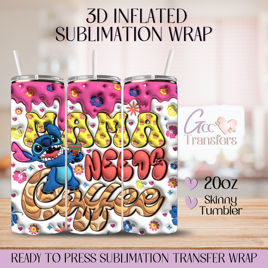 Mama Needs Coffee Cute Character - 20oz 3D Inflated Sublimation Wrap