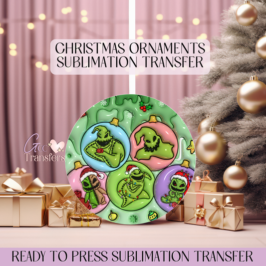 Ugly Green Cartoon Ornaments Faces - 3" Inflated Ornament Sublimation Transfer