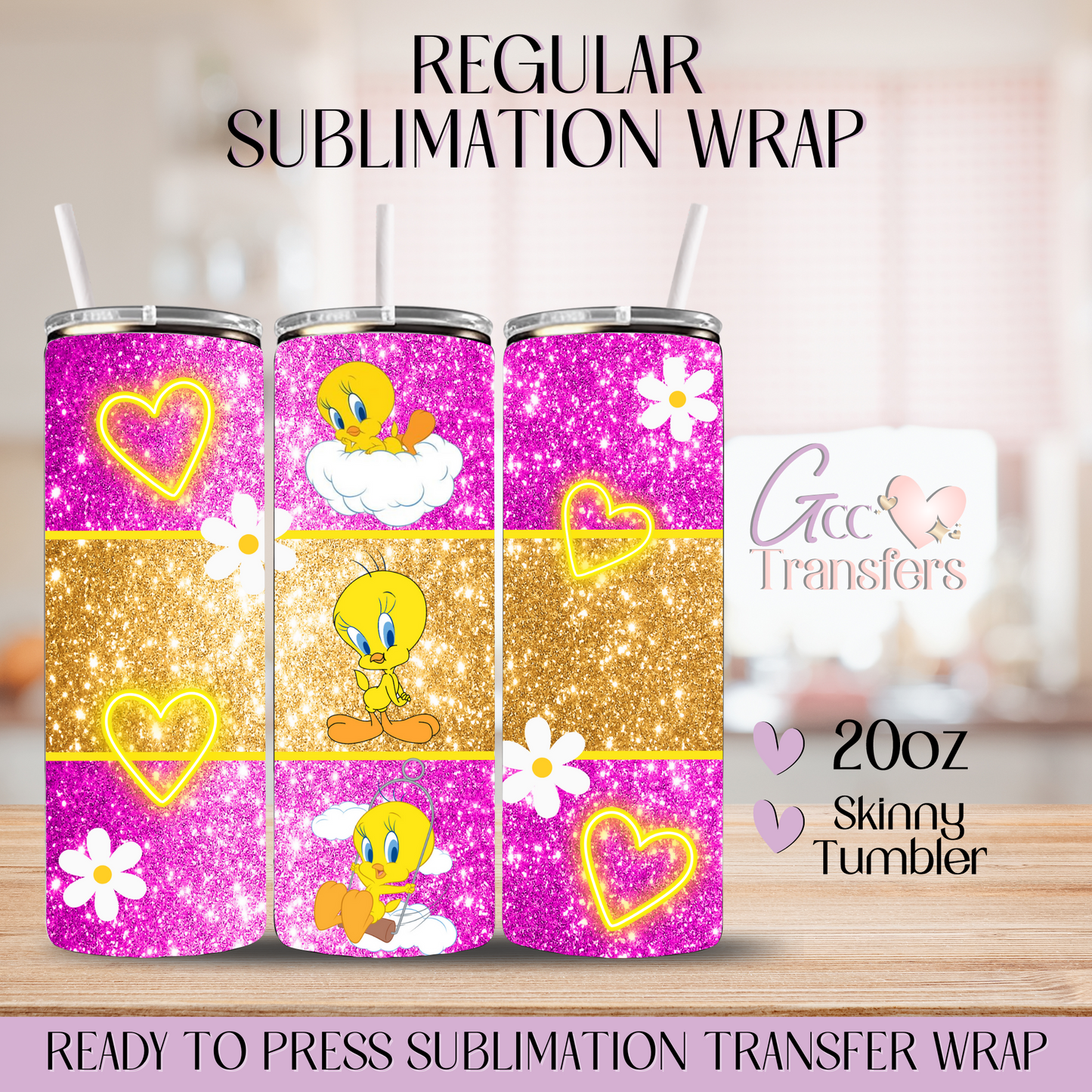 Pink Glitter Yellow Bird Cartoon - 20oz Regular Sublimation Wrap