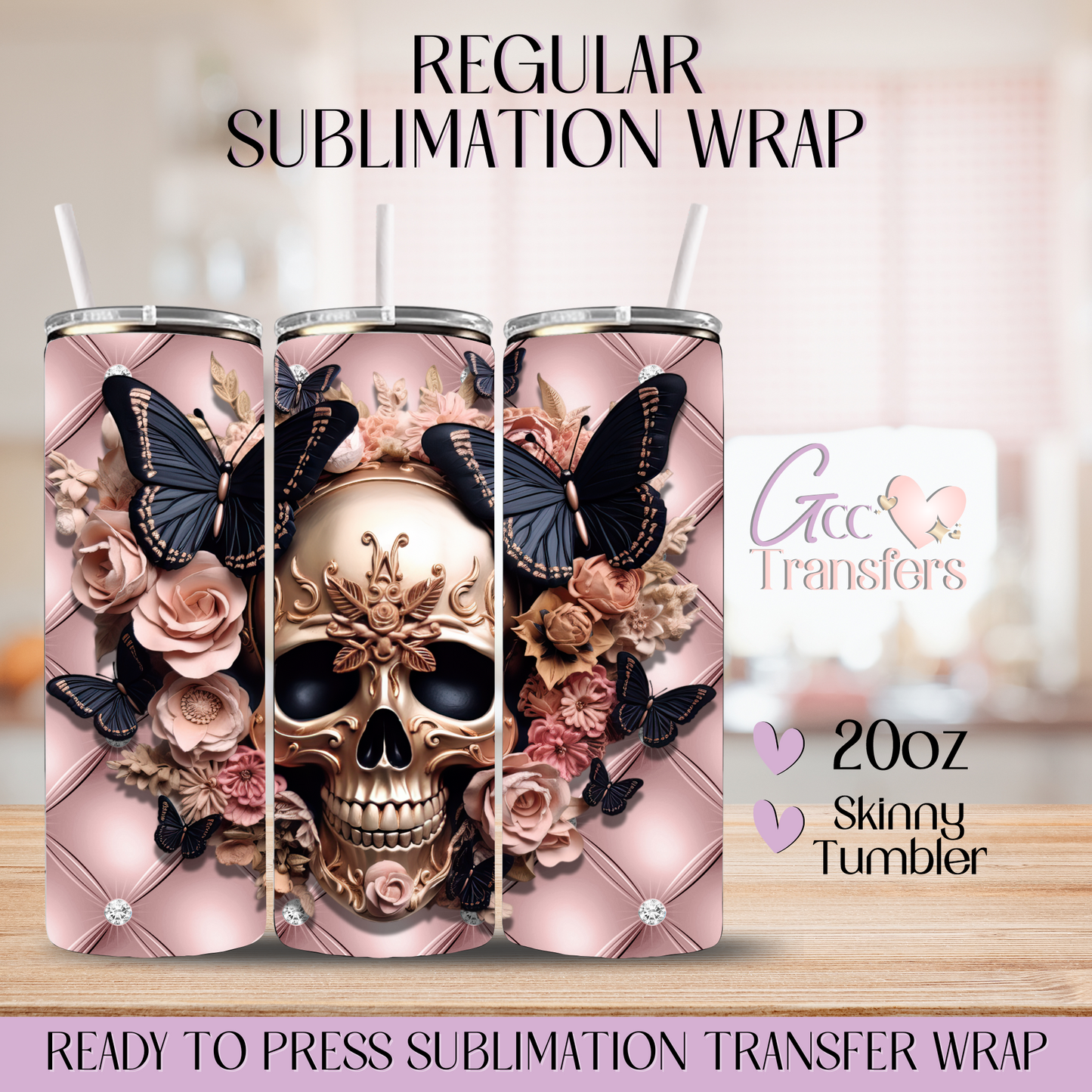 Pink Gold Skull Black Butterflies - 20oz Regular Sublimation Wrap