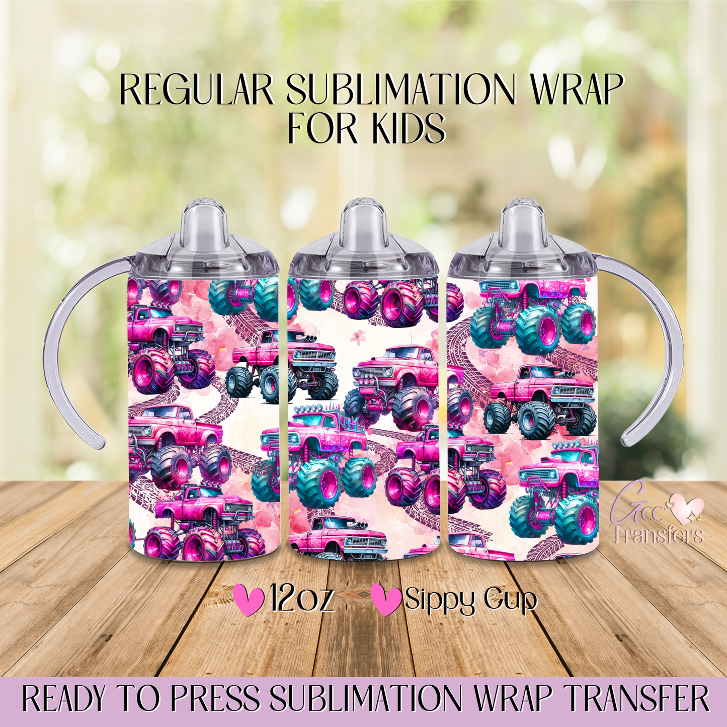 Pink Monster Trucks - 12oz Regular Sublimation Wrap