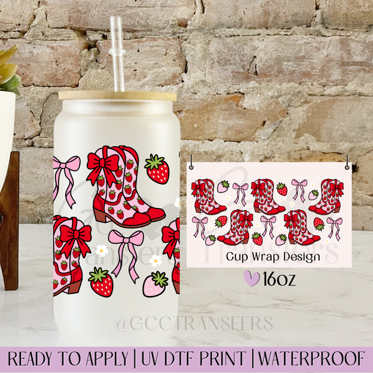 Strawberry Cowgirl Boots Coquette - 16oz UV DTF WRAP