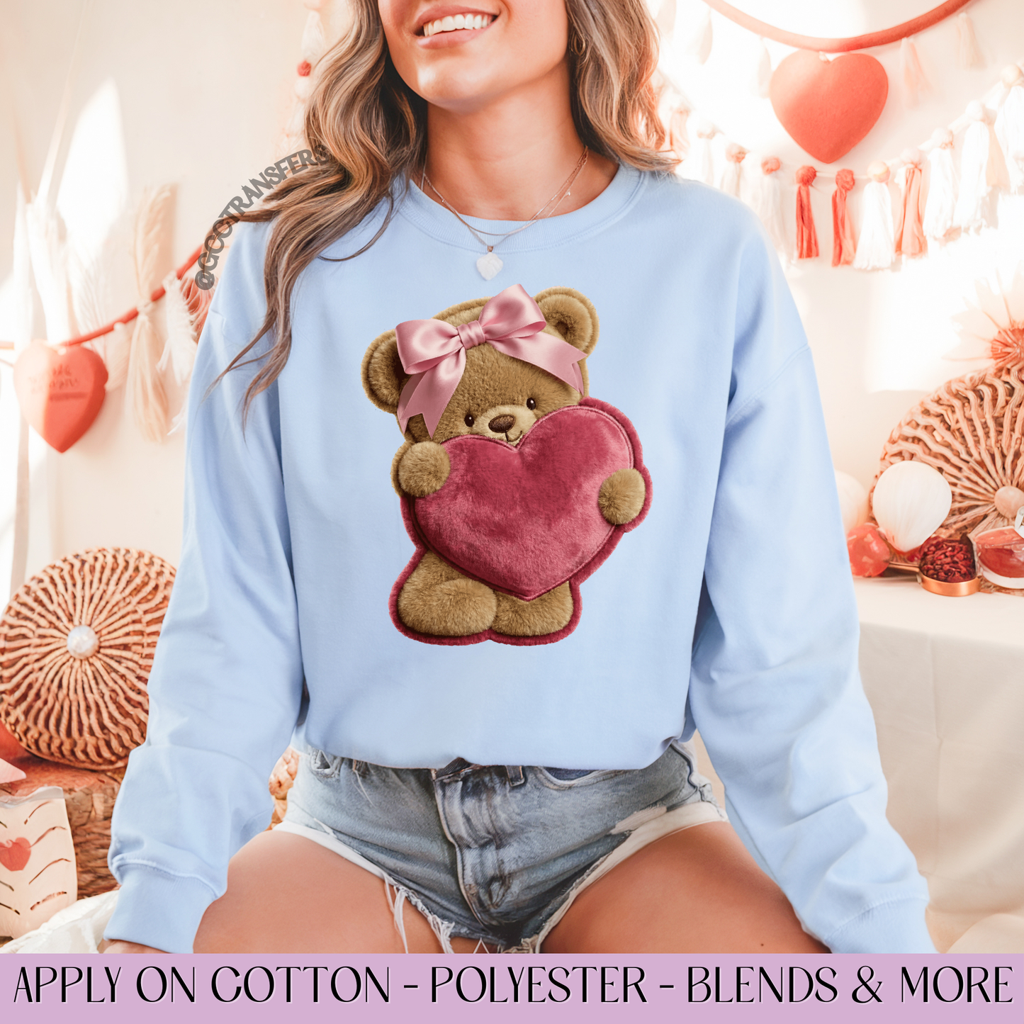 Pink Teddy Bear Heart Valentine Crochet Yarn - Full Color DTF Transfer