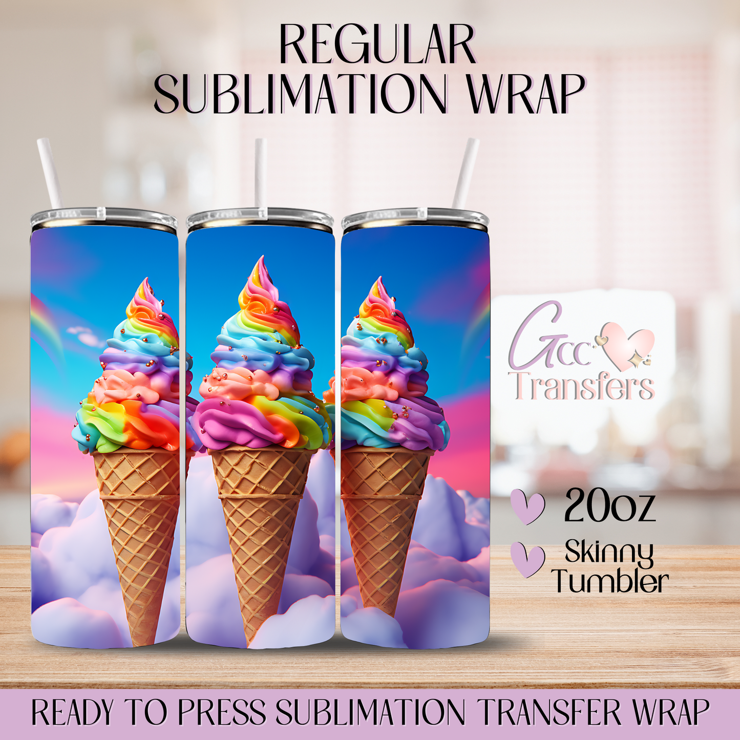 Rainbow Ice Cream Cones - 20oz Regular Sublimation Wrap