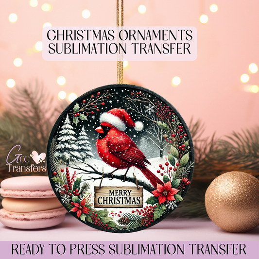 Red Cardinal Merry Xmas - 3" Ornament Sublimation Transfer