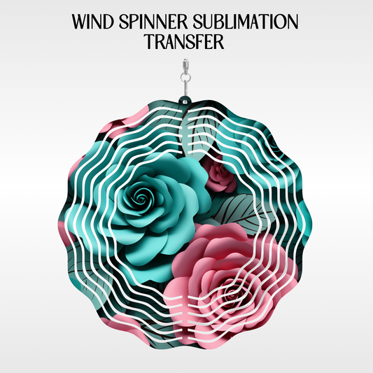 Teal & Pink Roses - 10" Wind Spinner Set of 2 Sub. Transfer