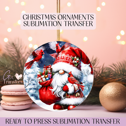Santa Gnome Red Cardinal - 3" Ornament Sublimation Transfer
