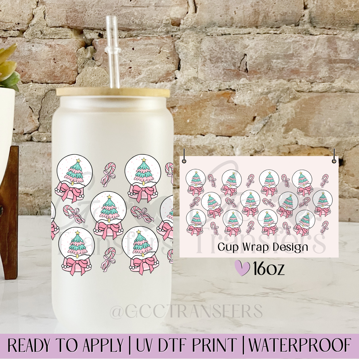 Snow Globes Pink Xmas - 16oz UV DTF WRAP