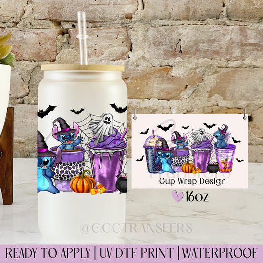 Purple Cute Character Iced Coffee Halloween - 16oz UV DTF WRAP