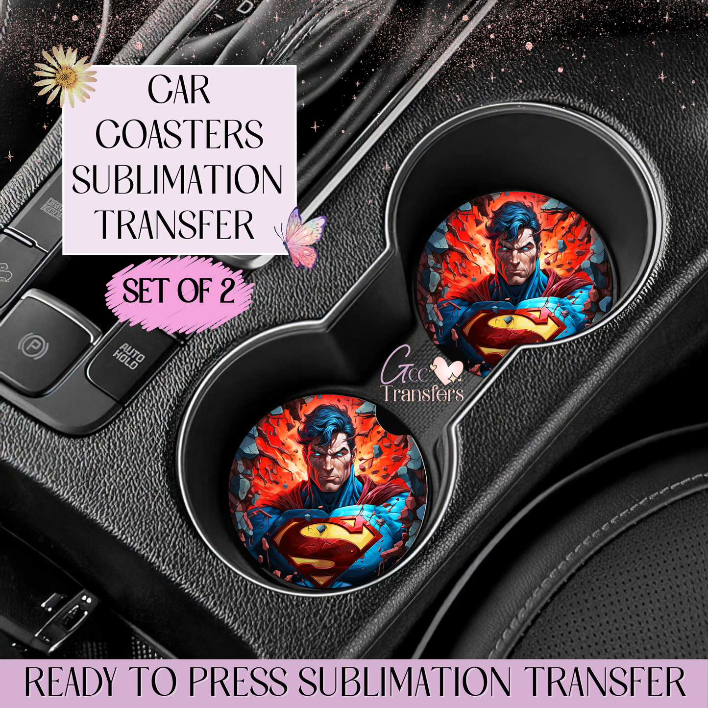 Man of Power Red Cape  - Car Coaster Set of 2 Sublimation Transfers
