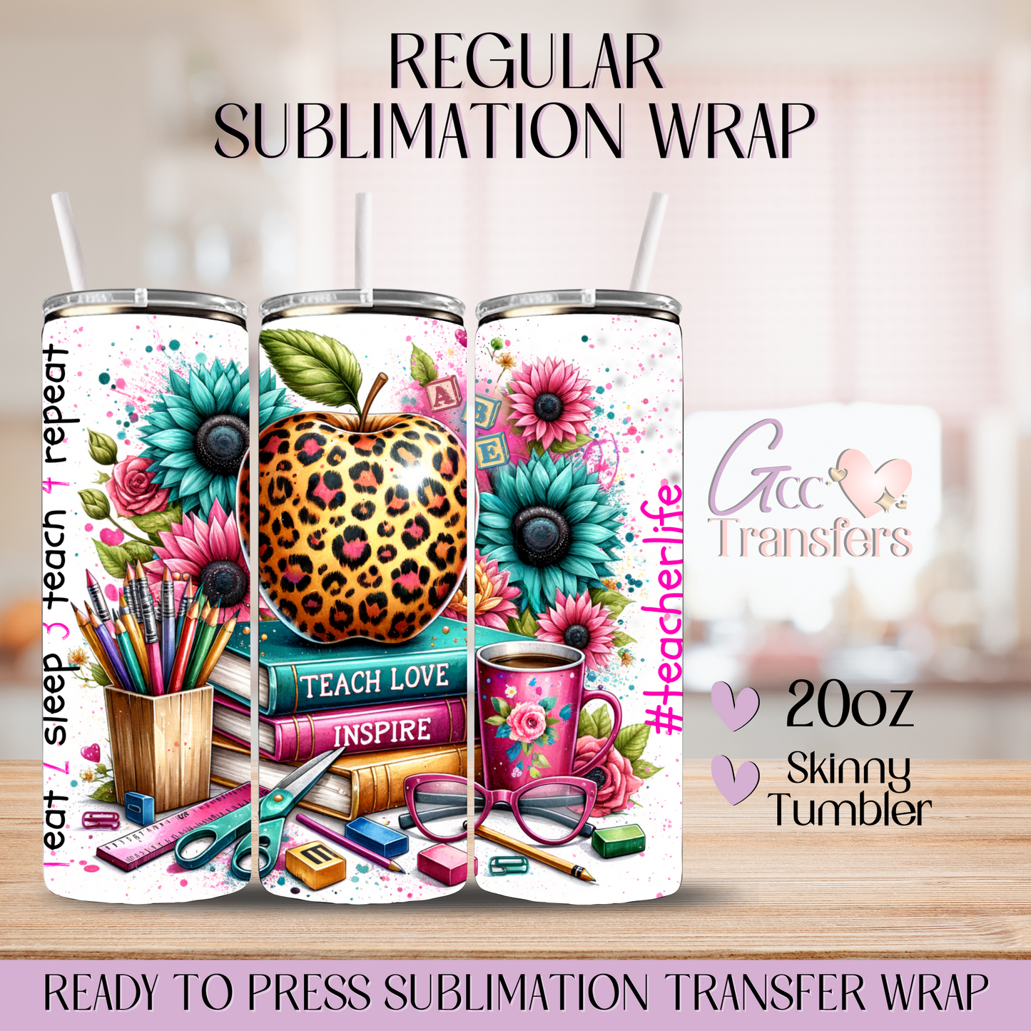 Teacher Life Appreciation Leopard Apple - 20oz Regular Sublimation Wrap