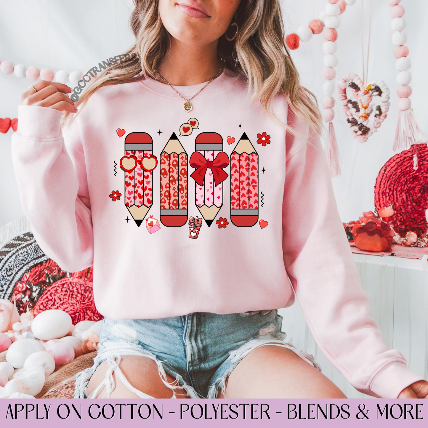 Red Teacher Pencils hearts - Full Color DTF Transfer