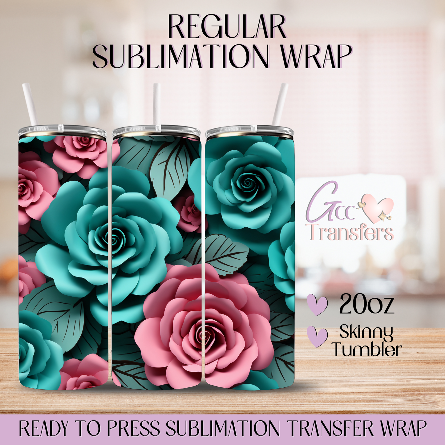 Teal & Pink 3D Roses - 20oz Regular Sublimation Wrap