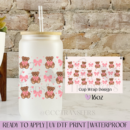 Teddy Bear Pink Bows Valentine  - 16oz UV DTF WRAP