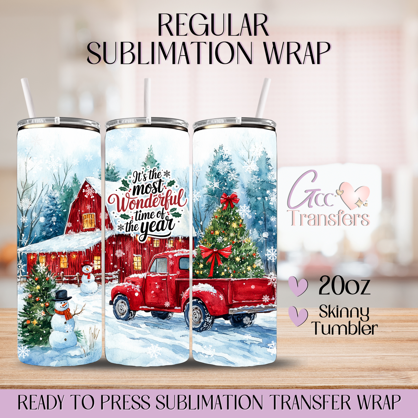 Red Truck Snow Watercolor Christmas - 20oz Regular Sublimation Wrap